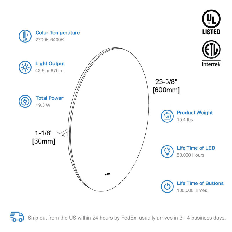 Portsmouth LED Lighted Bathroom Mirror with Defogger – Wall-Mounted Vanity Mirror with Touch Control, Dimmable Lighting & Adjustable Color Temperature