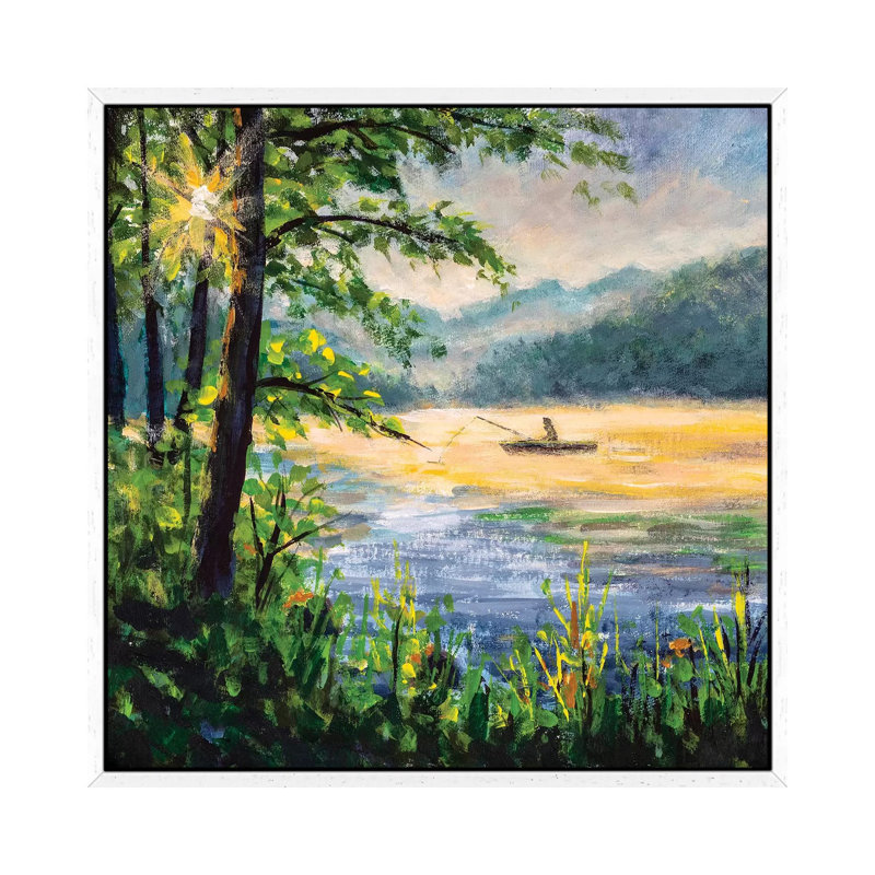 Fishing. Fisherman In Boat In Beautiful Morning Lake. by Valery Rybakow - Painting on Canvas, 93.98 cm H x 93.98 cm W