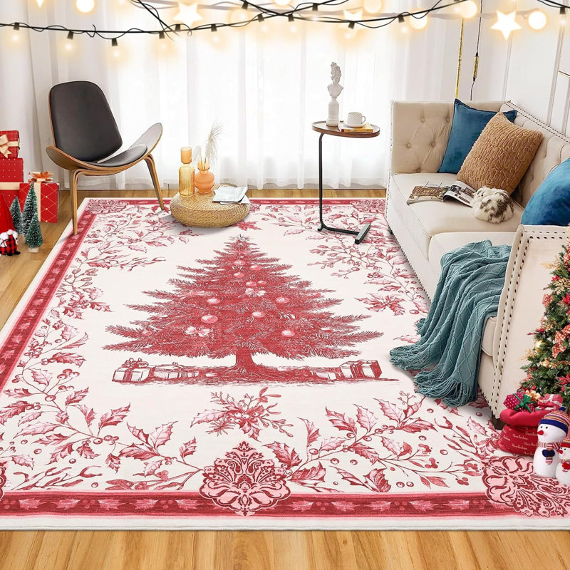 Christmas Tree Print Non-Slip Indoor Rug – Washable Soft Holiday Doormat for Entryway, Kitchen, Bathroom, Bedside -Thin Red Carpet