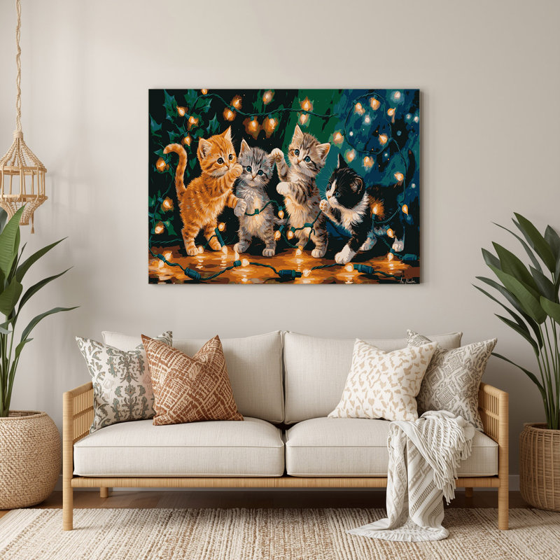 Chatons de Noël emmêlés dans des lumières de Noël, art mural en métal bleu, H 144 po x l 216 po x P 0,05 po