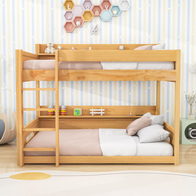 Queen Over Queen Wood Bunk Bed With Shelves, Dual Charging Stations And Guardrails, Wood