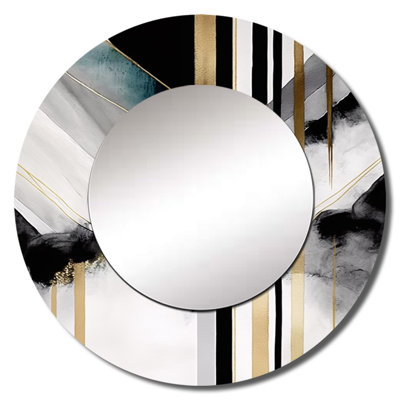 Prithika Abstract Geode Geometric Black And Gold I - Geometric Unique Wall Mirror, Modern Round Mirror, Printed Metal Art