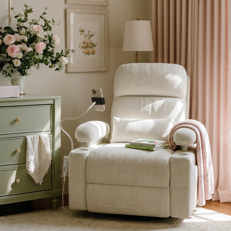 38.2" Power Swivel Nursery Glider With HugAssist Armrest,  Usb Charge & Baby-Safe (BPA-Free), Warm Ivory