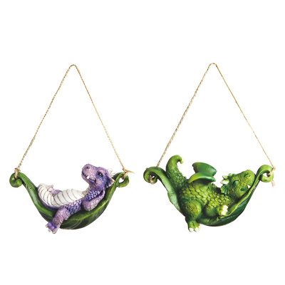 Ensemble de 2 figurines de mini dragons sur hamac verts et mauves 2 pièces