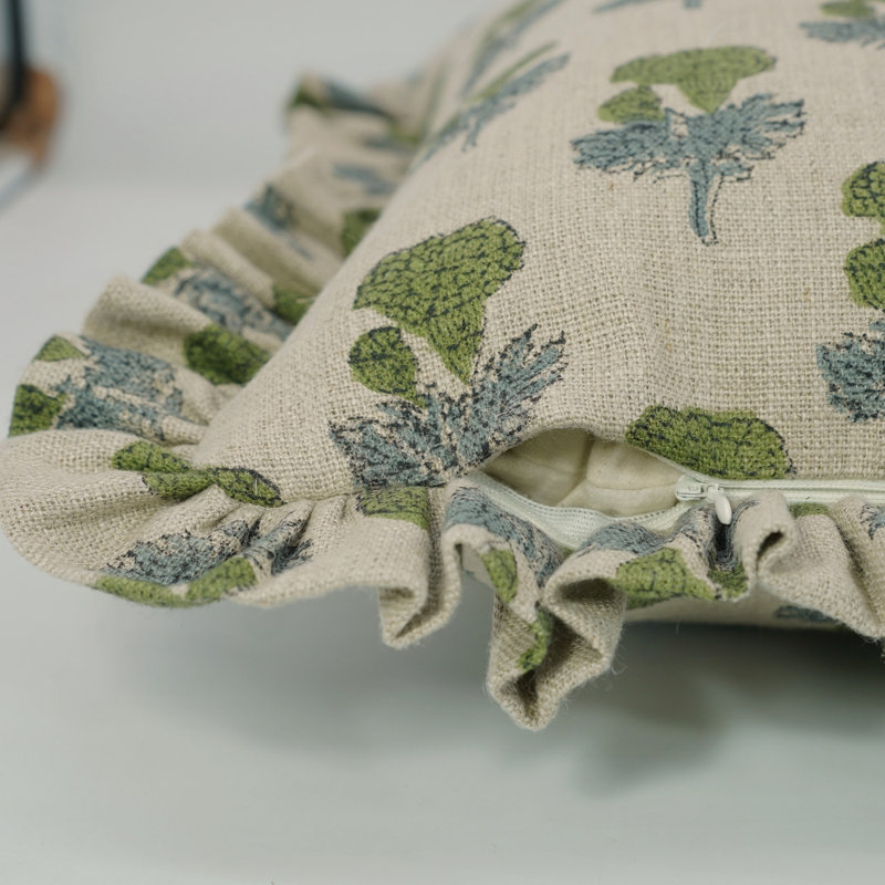 Housse de coussin à imprimé artisanal à la main, imprimé Manmohan, tissu en lin, volant à double face, décoration artistique pour la maison - 18 po x 18 po