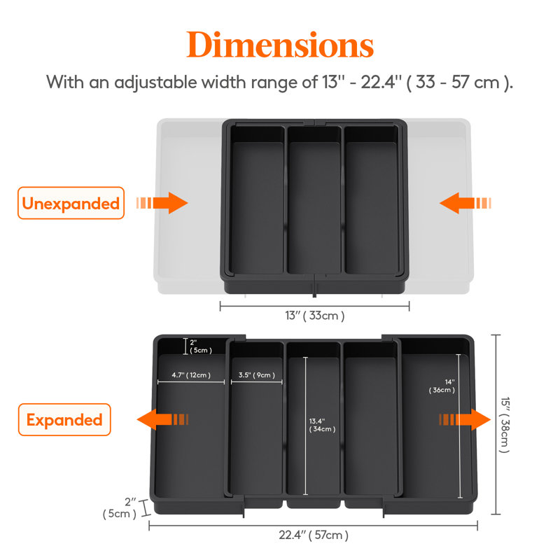 Utensil Drawer Organiser, Expandable Large Cutlery Tray For Kitchen, Adjustable Silverware Flatware Holder, Plastic Kitchen Spatula Tools And Gadgets Storage Divider, Large, Black