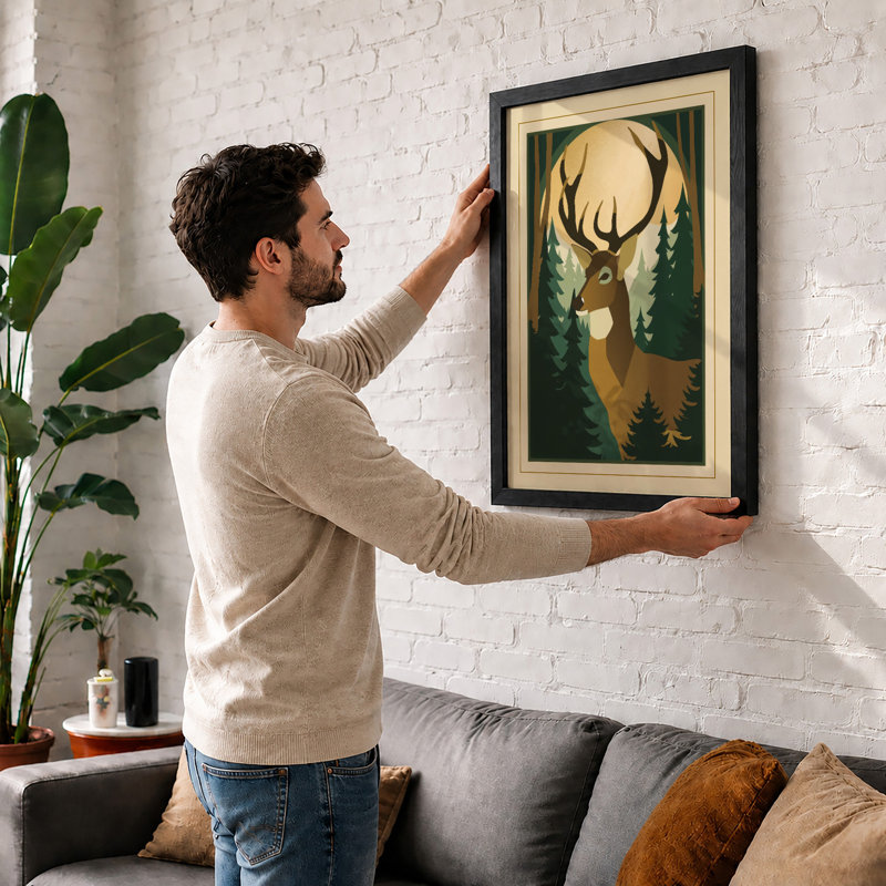 Forest Deer Scandinavian - Framed Print, A2 - 59.4 x 42.0 cm, Oak