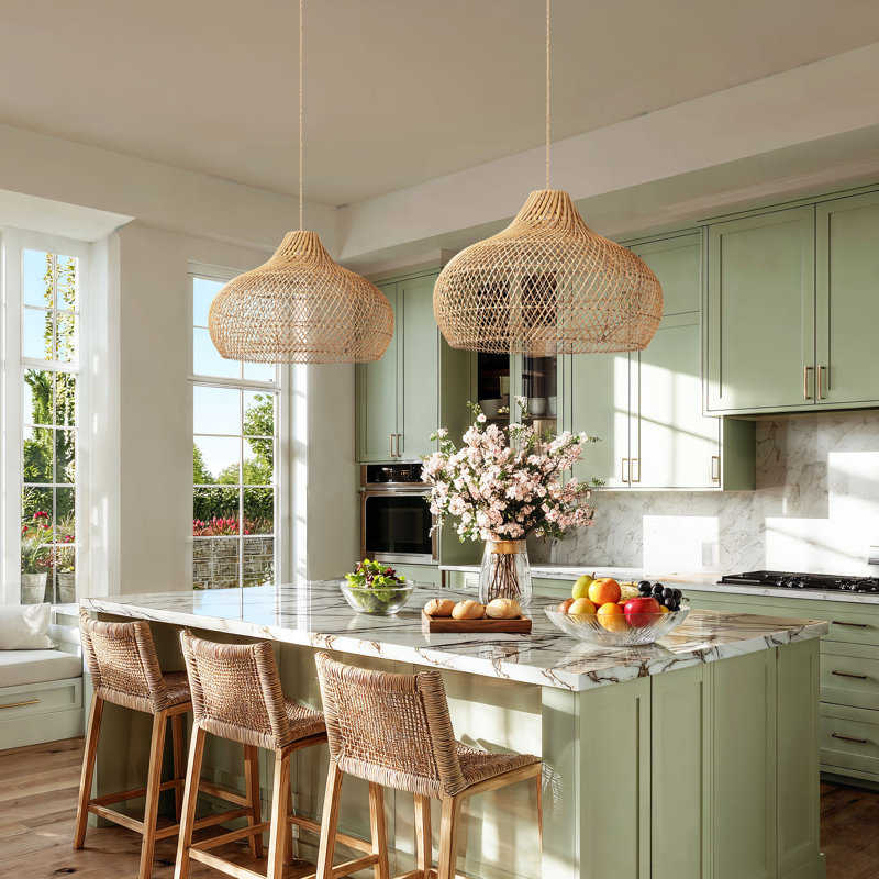 Kloe Rattan Pendant Light - 24" Natural Dome Handwoven Light Fixture For Kitchen Island, Dining Room or Living Room in Modern and Farmhouse