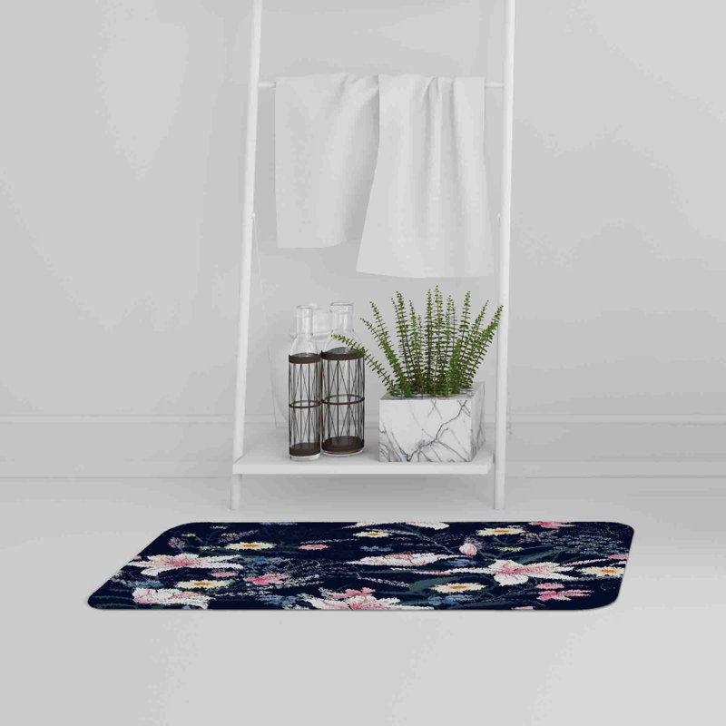 Akelah Memory Foam Non-Slip Bath Rug, Pink/Navy Floral 12
