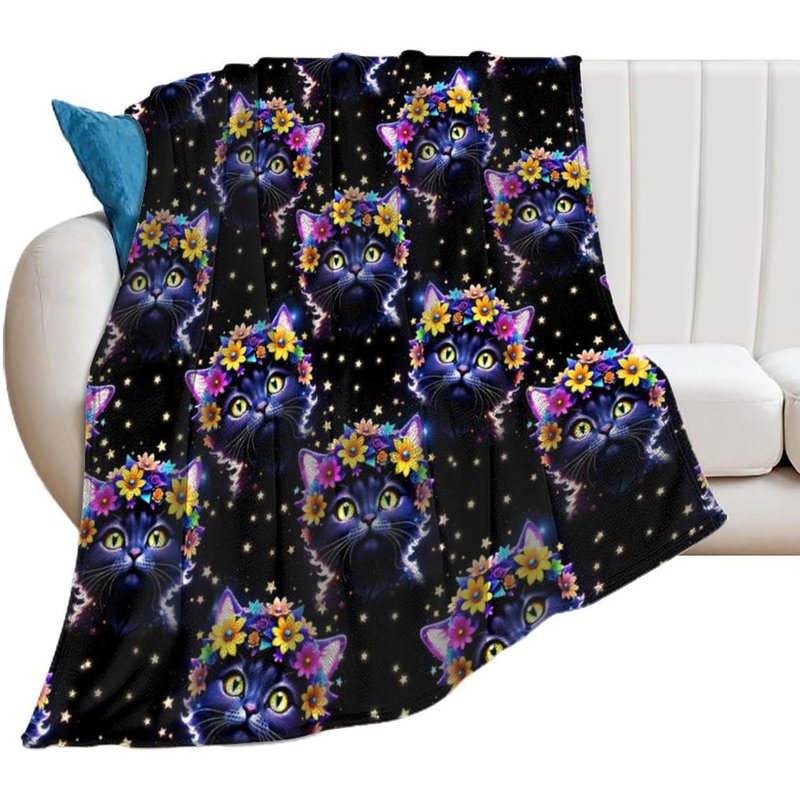 Couverture à motifs floraux et ciel étoilé avec chats noirs, 127 x 152 cm