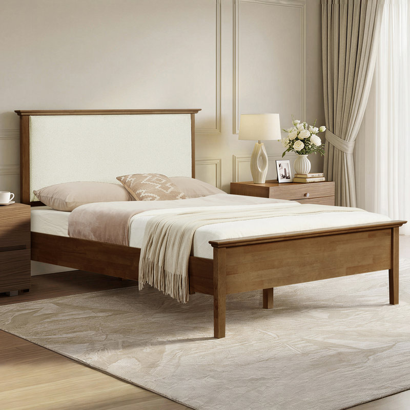 Eirene Farmhouse Solid Wood Platform Bed With Boucle Upholstered Headboard, Walnut, King