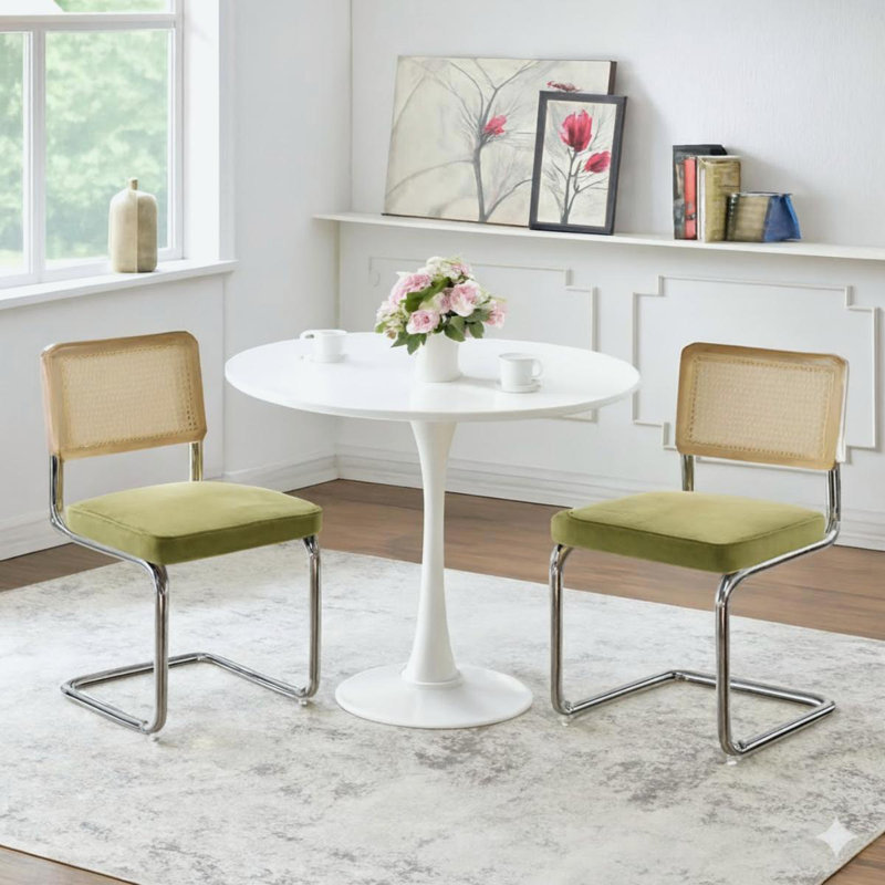Space Saving 24 Inch Round Dining Set, 3-piece Table With Rattan Back Chairs, White, Olive Green