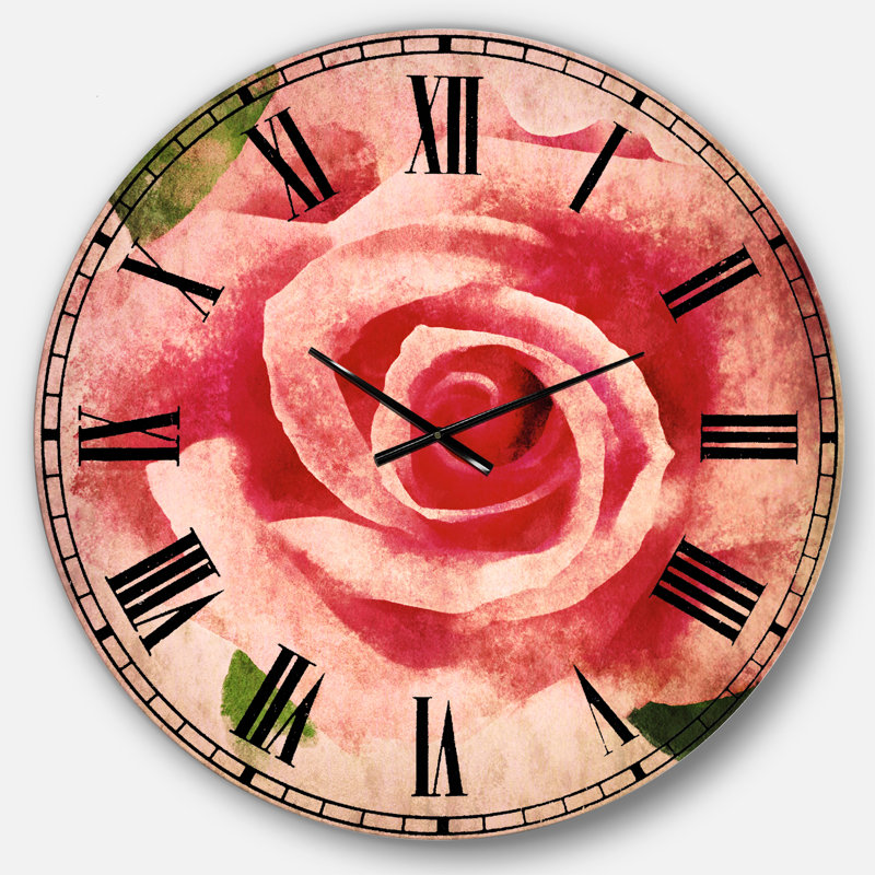 Grande fleur rose avec feuilles - Horloge murale traditionnelle, Surdimensionné