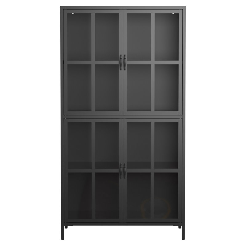 Armoire de rangement en métal noir de qualité supérieure avec portes en verre trempé, tablettes réglables, dispositif anti-basculement, fermeture silencieuse magnétique et pieds réglables pour la maison et le bureau