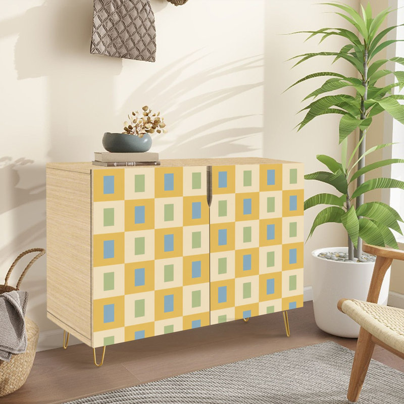 Buffet buffet avec rangement géométrique rétro jaune bleu vert avec 2 portes pour le salon et la cuisine