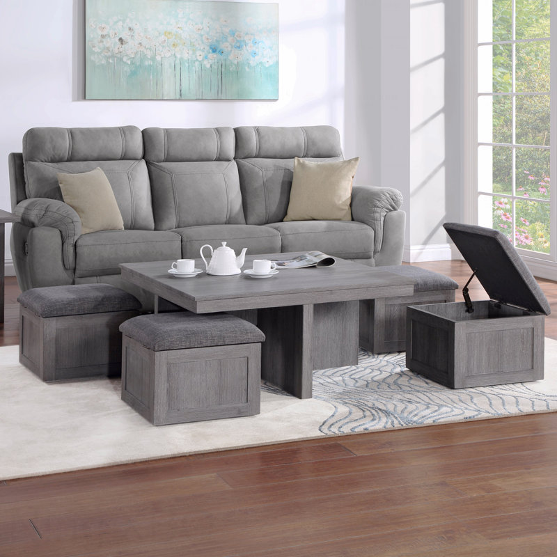 38" Distressed Coffee Table With Storage Stools, Gray
