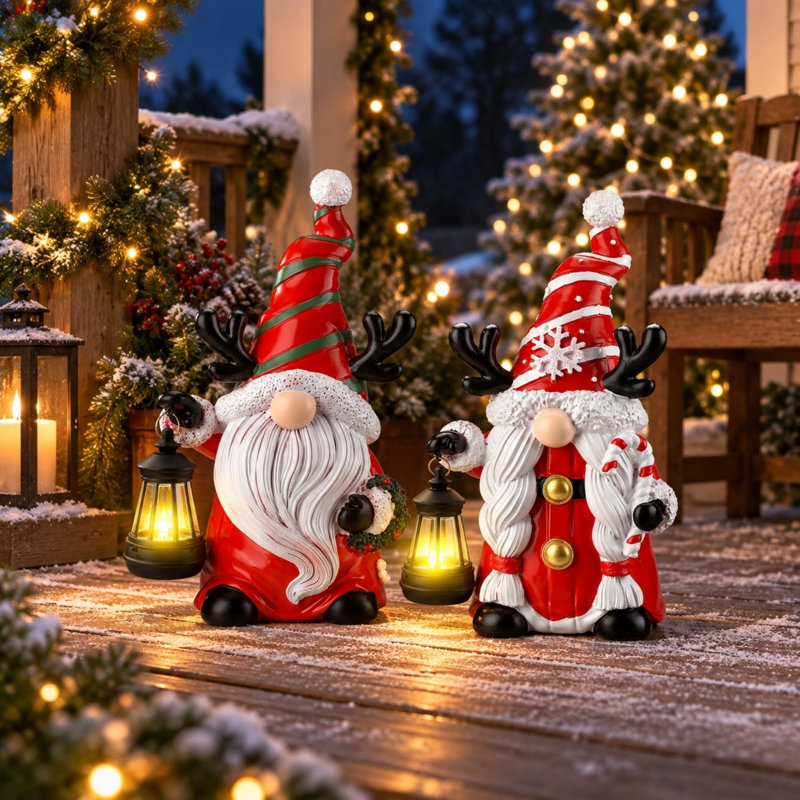 Ensemble de 2 statues de lutins de Noël solaires de 24 cm avec lanternes DEL