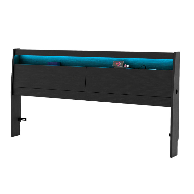 Queen Size Headboard With Led Lights, Storage Cabinet & Built-in Charging Station, Modern Wooden Headboard With Baseboard Groove Design, Easy Assembly