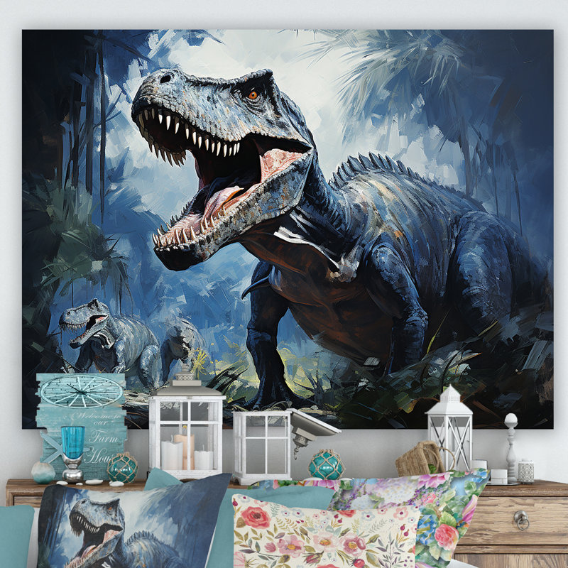Ancien dinosaure bleu et gris I - art de mur de dinosaure, Toile tendue, H 16 po x l 32 po x P 1 po