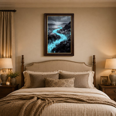 Cyan Blue Winding River In Grayscale Rocky Canyon Canvas Wall Art