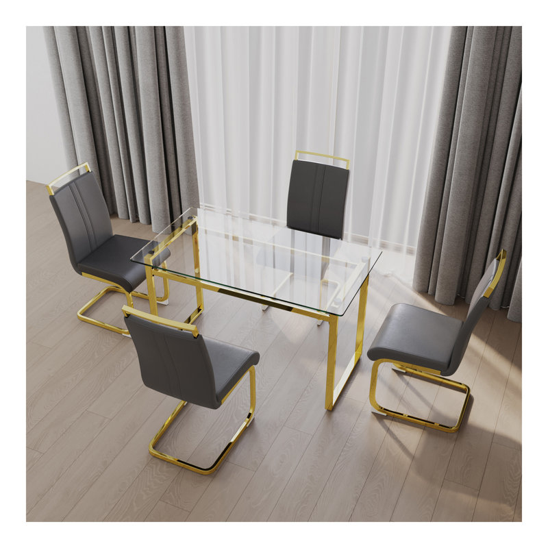 Ensemble de table de salle à manger de 51 pouces en verre pour 4 personnes, ensemble de table de salle à manger et chaises avec pieds plaqués pour la cuisine, plateau de table rectangulaire moderne en verre trempé et chaise de salle à manger en polyu