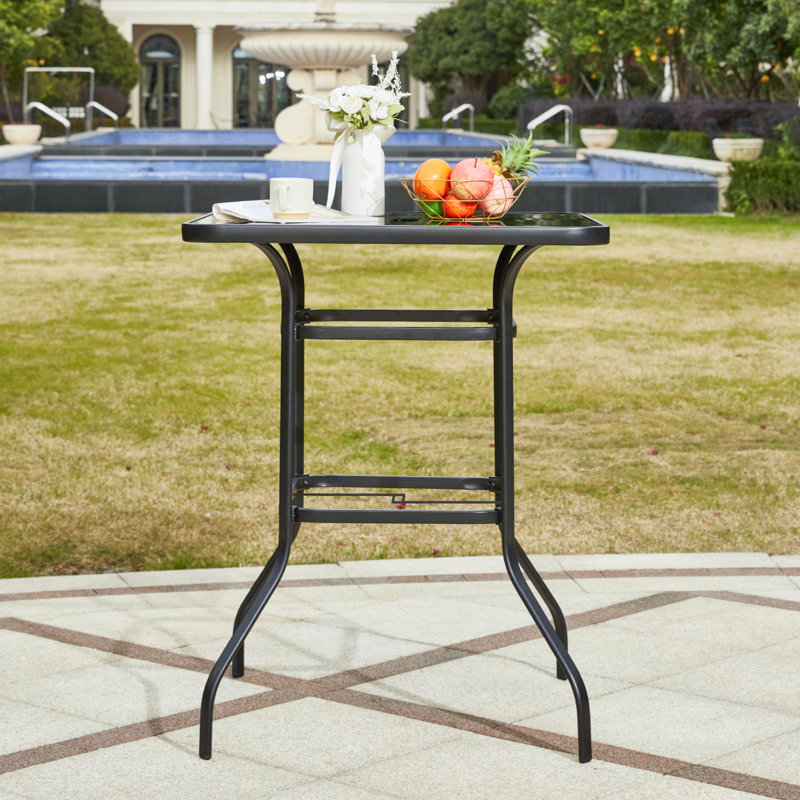 32'' Outdoor Bar Table, Metal Outdoor Table With 1.57'' Umbrella Hole, High Top Patio Bar With Tempered Glass For Balcony, Backyard, Poolside, Garden, Black