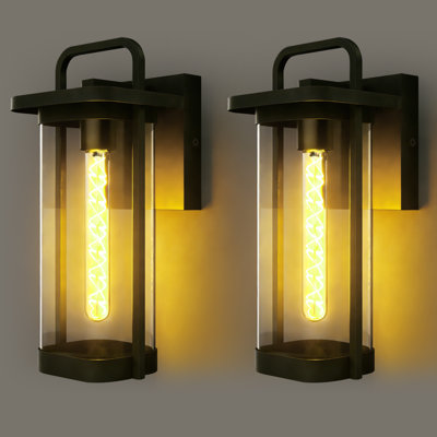 Grande lanterne murale d'extérieur en métal noir mat et abat-jour en verre trempé imperméable pour porte de véranda (ensemble de 2)