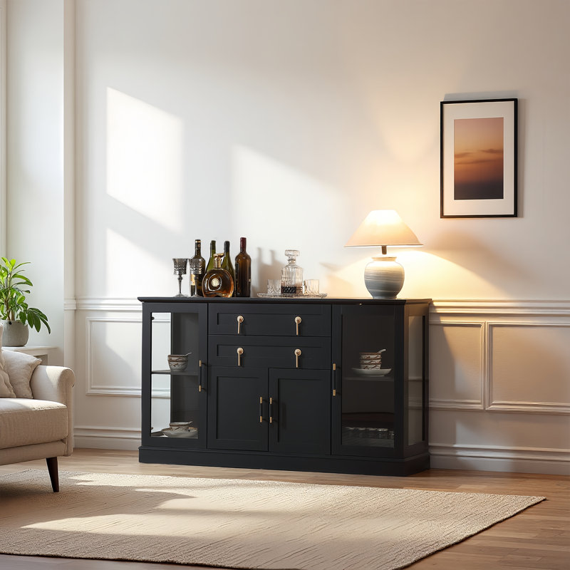 58.27‘’Sideboard Cabinet With Glass Doors and Drawers,Large Buffet Cabinet with adjustable shelves,for kitchen and dining room（Black）