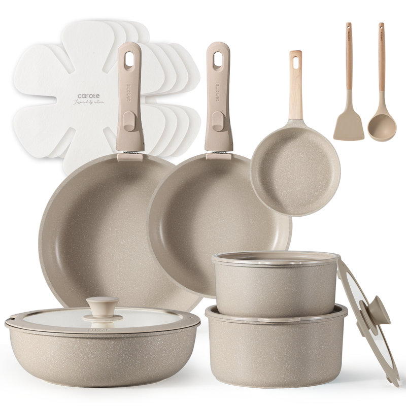 CAROTE 18-Piece Nonstick Cookware Set with Detachable Handle, Taupe
