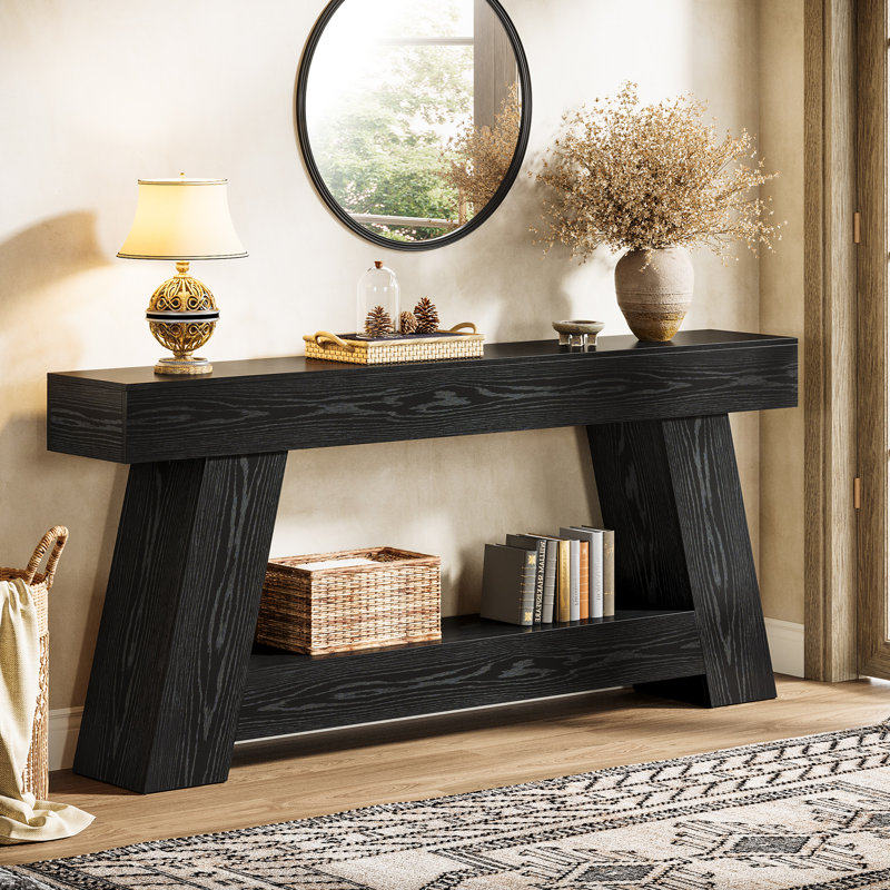 70.9'' Extra Long Console Table with 2 Tier Storage Shelf for Entryway & Living Room (Rustic Brown), Black