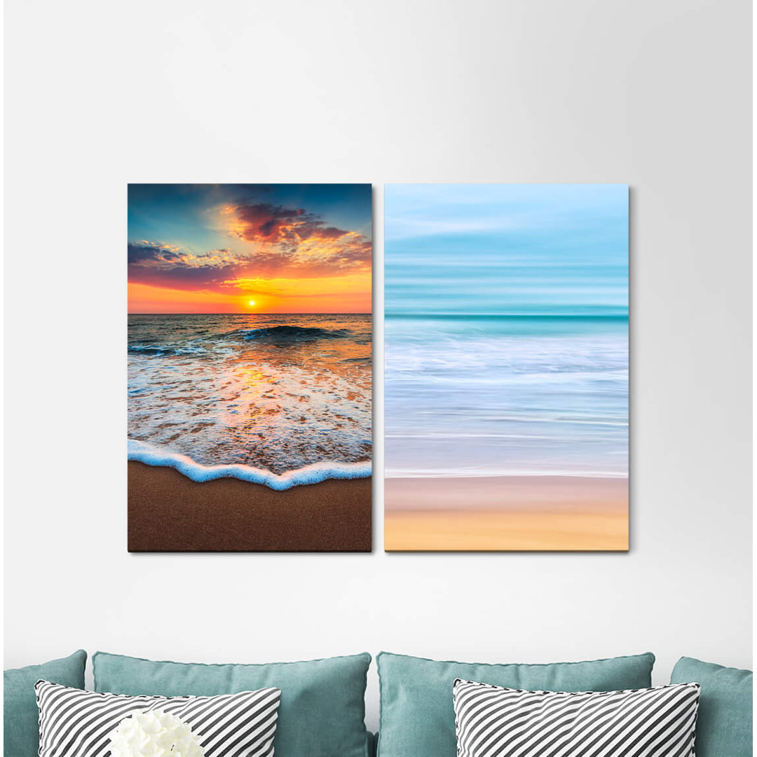 2-tlg. Leinwandbilder-Set - Grafikdruck „Beach Waves Sea Sunset Calming Relaxing Nature”