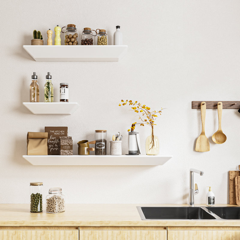 Tablettes flottantes en bois blanc peint 2 pièces Elsef, tablettes murales modernes pour salle de bain de 2,4 po d'épaisseur, bords biseautés