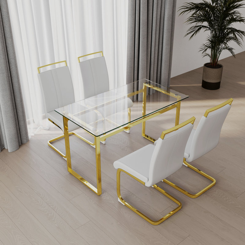Ensemble de table de salle à manger pour 4 personnes, Blanc, Doré
