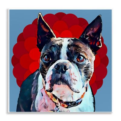 Boston Terrier Dog Portrait Over Geometric Curved Pattern by Kim Curinga - Graphic Art Print on Canvas