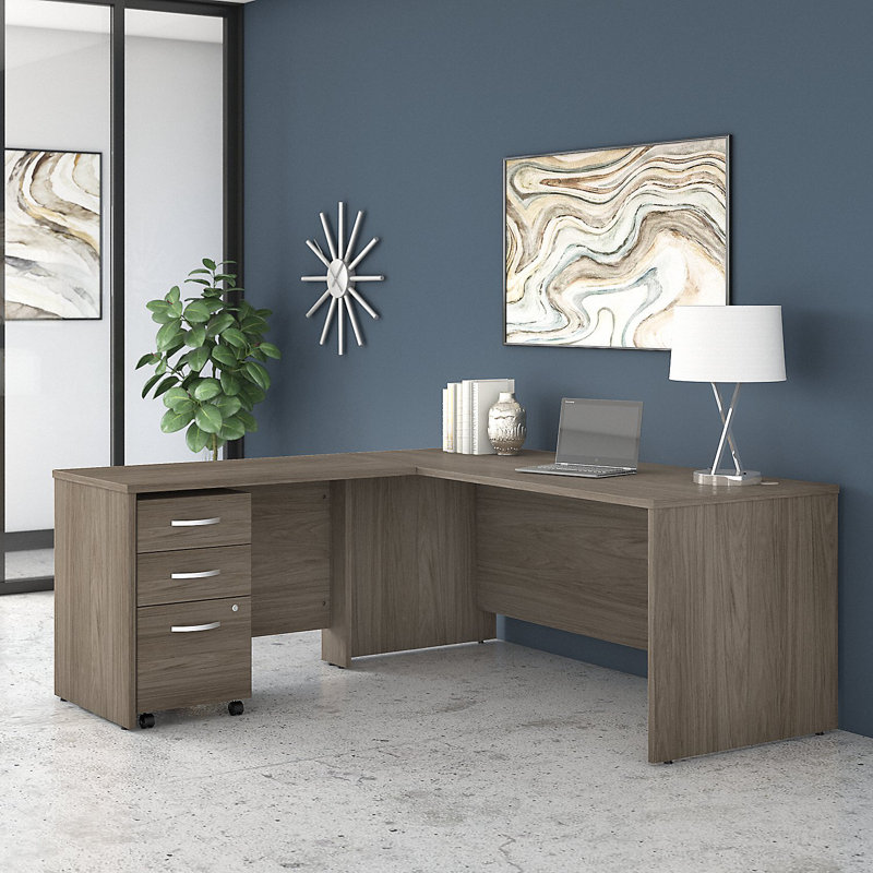Bush Business Furniture Studio C L Shaped Desk with Mobile File Cabinet and Return - Reversible, Modern Hickory