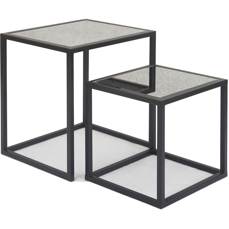 Set of 2 Black Mirrored Nesting Accent Tables with Metal Frame