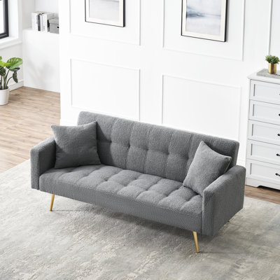 Grey 71.7 - Inch Fleece Bed For Primary Living, Modern Design, 2 Seats, Solid Wood And Metal Structure, Pillows, Adjustable Armrest Bed, Style Living Space, Makeup, Legs, Throw Simple Assembly Guide