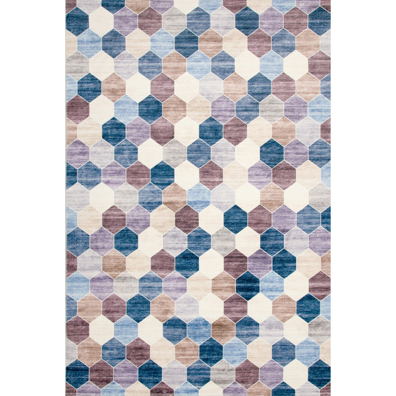 Tapis ivoire et bleu 7 pi x 10 pi à motif géométrique délavé, Rectangulaire 8 pi x 11 pi