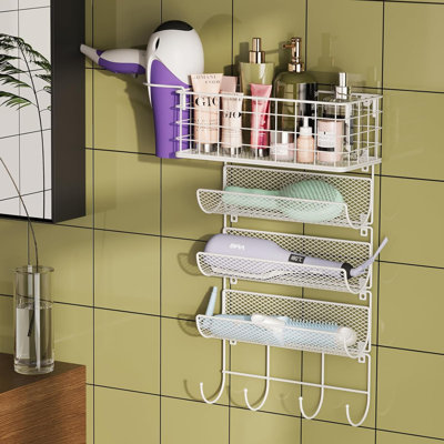 Support de séchoir à cheveux mural Organisateur pour outils de coiffage Panier à 4 tablettes en métal avec crochet