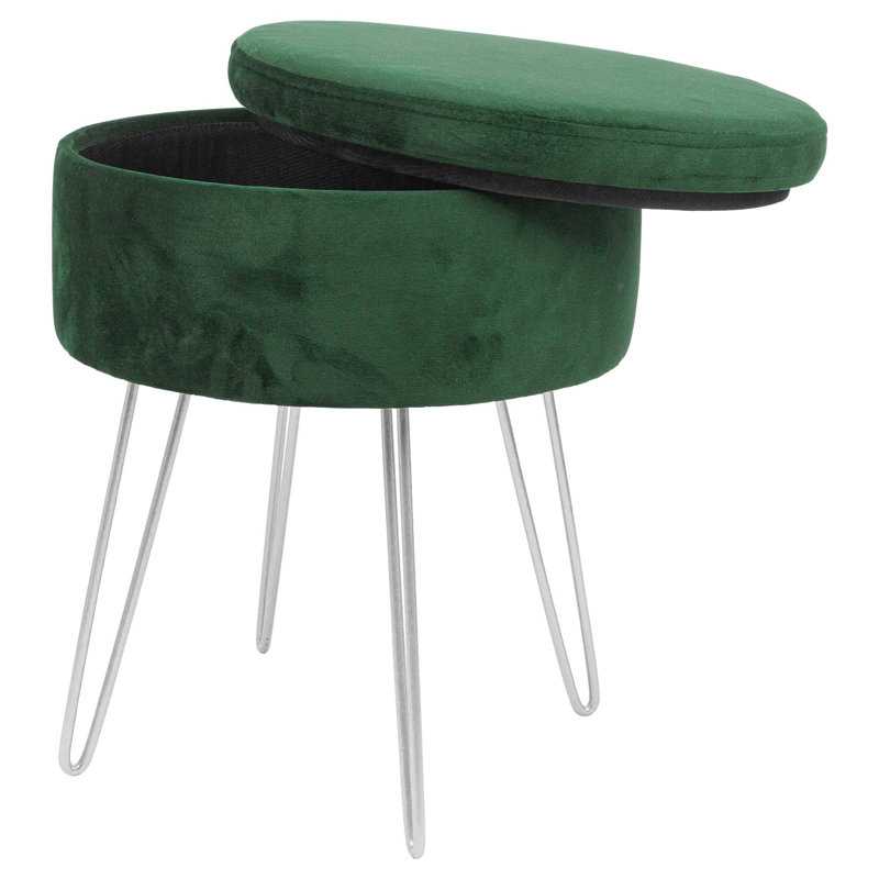 Harbour Housewares - Round Velvet Storage Footstool, Silver, Green