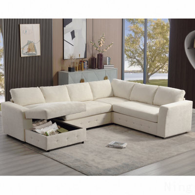 110.75" Sectional Sofa,Oversized Modular Sofa,Chaise Storage, Modern U Shaped  Couch , Upholstered Sofas,Chenille,Crystal Button , Living Room, Apartment,  Beige