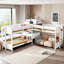 L-Shaped Twin Bunk Bed Frame, Solid Wood White Finish, Built-in Desk With Charging For Shared Bedrooms And Sleepovers