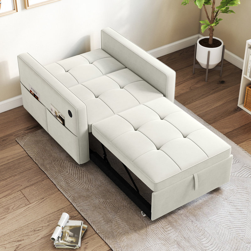 Canapé-lit, petit canapé-lit avec port USB, crème, Crème, crème