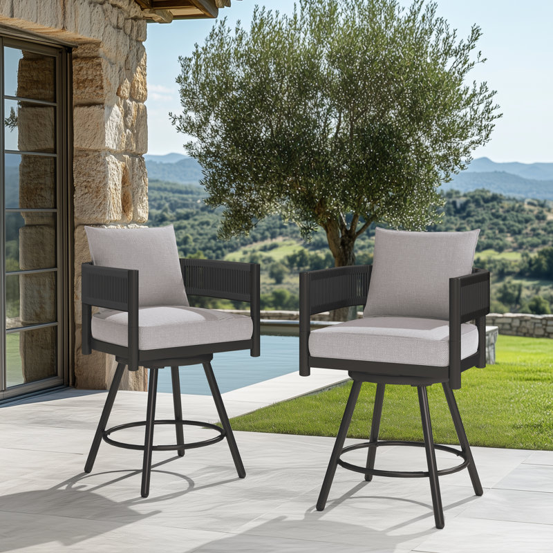 Tabouret de comptoir de salle à manger Maine, Cadre noir et osier noir, Mélange de gris et de beige
