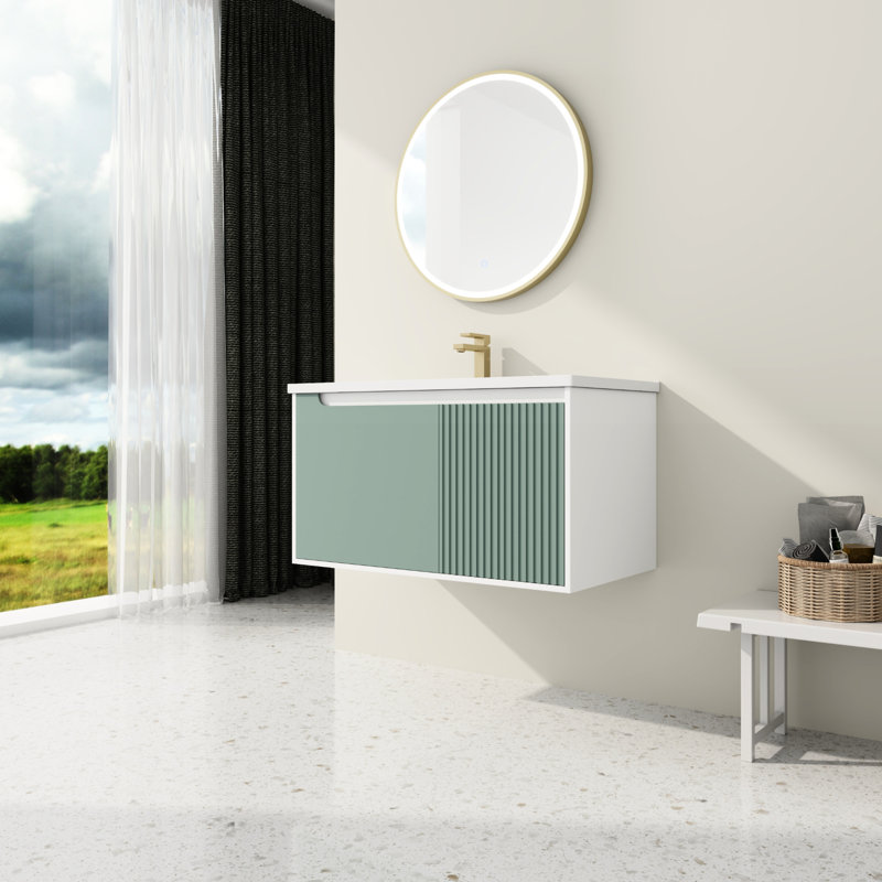 36'' Bathroom Vanity With Ceramic Hand Basin - Wall Mounted Mint Sink, 36" Mounted, , Fine Detail Processing, Stable Cabinet Structure