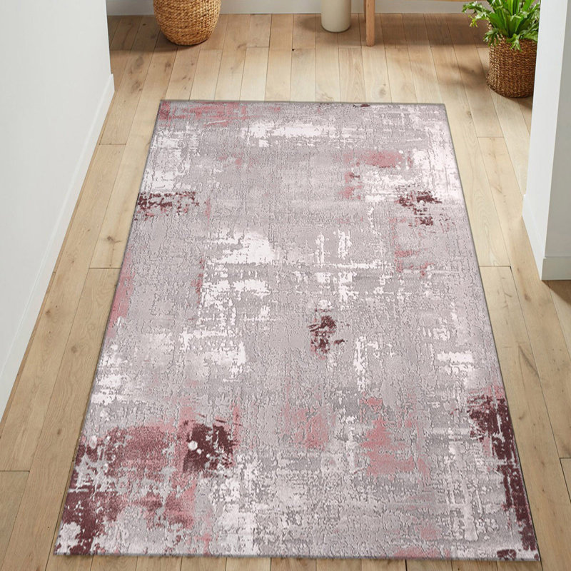 Tapis rose / gris en polypropylène tissé à la main Rectangle Homewood, Rectangle 4 pi 11 po x 7 pi 7 po