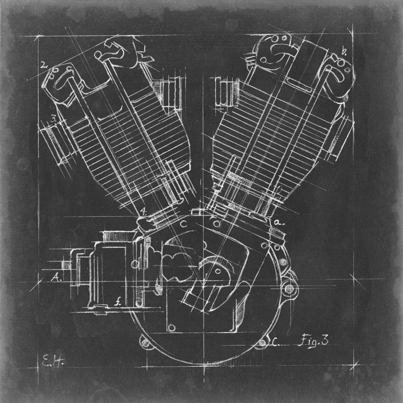 Plan du moteur de la moto III, H 12 po x l 12 po x P 1,25 po