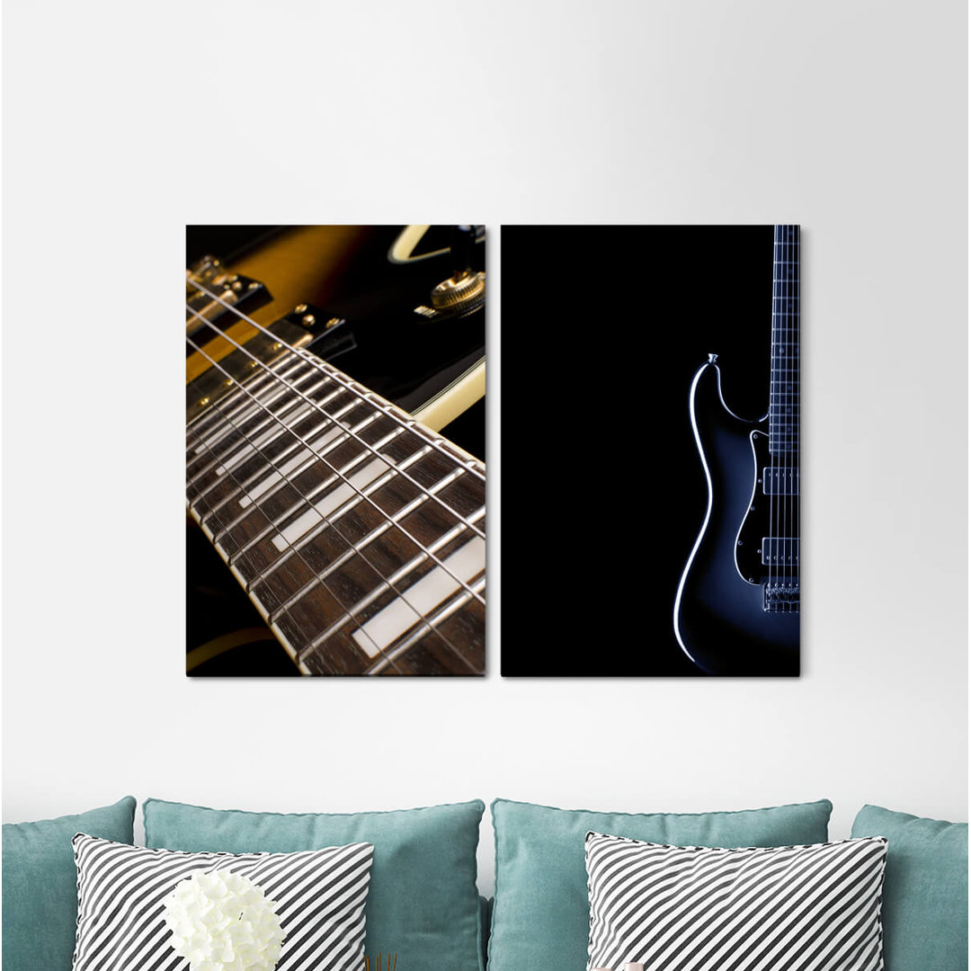 2-tlg. Leinwandbilder-Set - Grafikdruck „Electric Music Black Guitar Strings Rock”