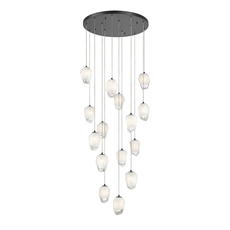 15-Light Black Chandelier With White Glass Pendants, Matte Black