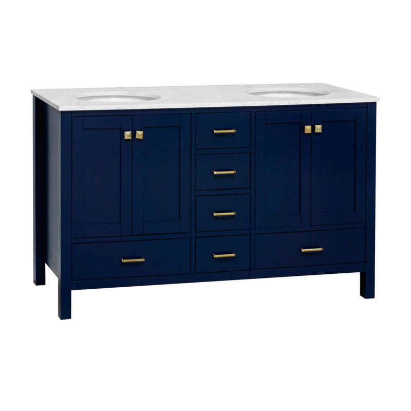 Claudett 60'' Double Bathroom Vanity with Top, Carrara Marble, Royal Blue